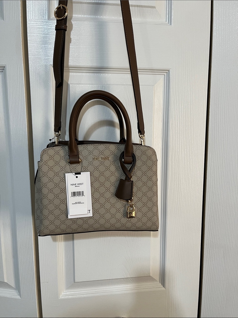 Nine West Beige and Brown Monogram Crossbody Satchel